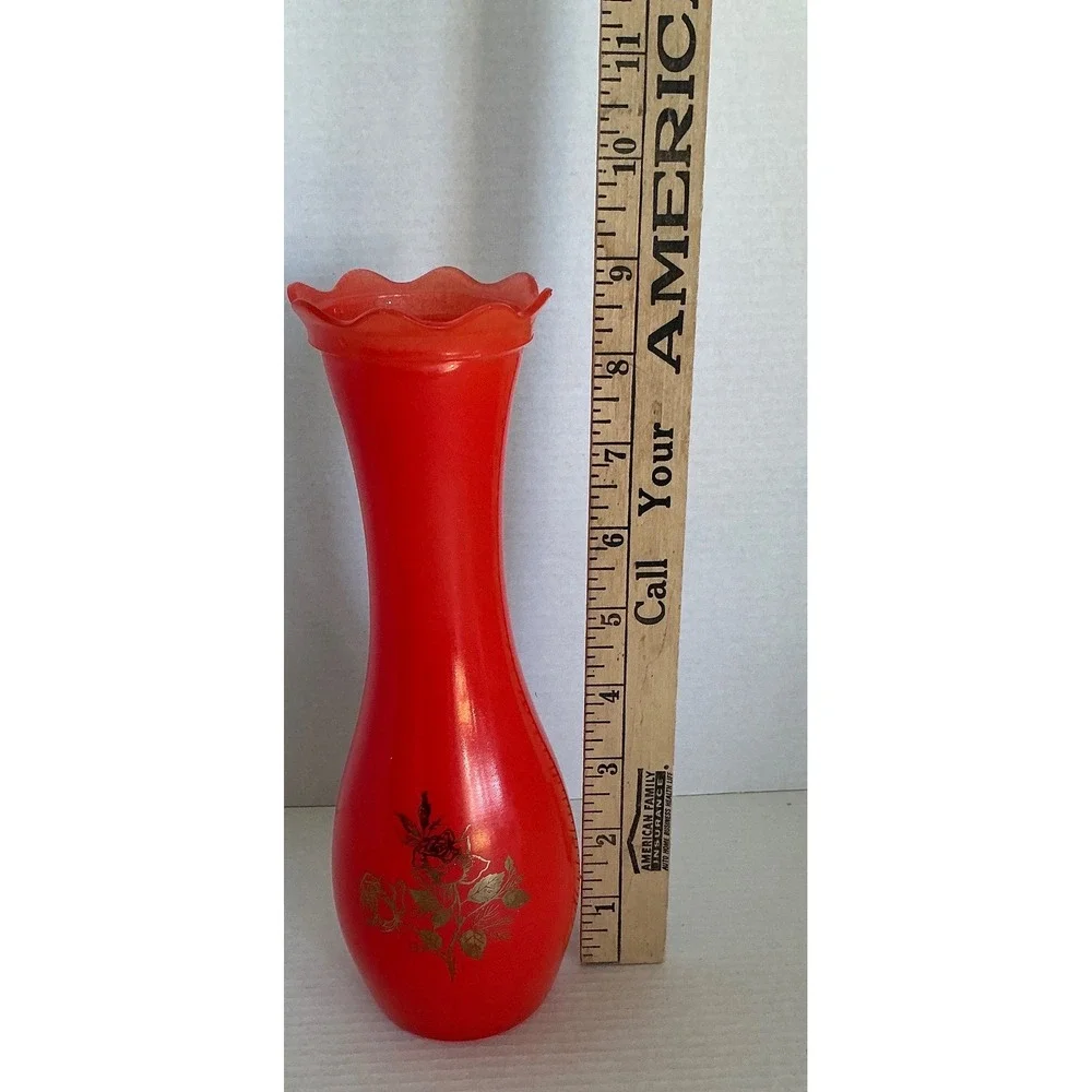 Vintage Red Milk Glass Bud Vase Gold Rose Scalloped‎ Rim 9 Inch MCM